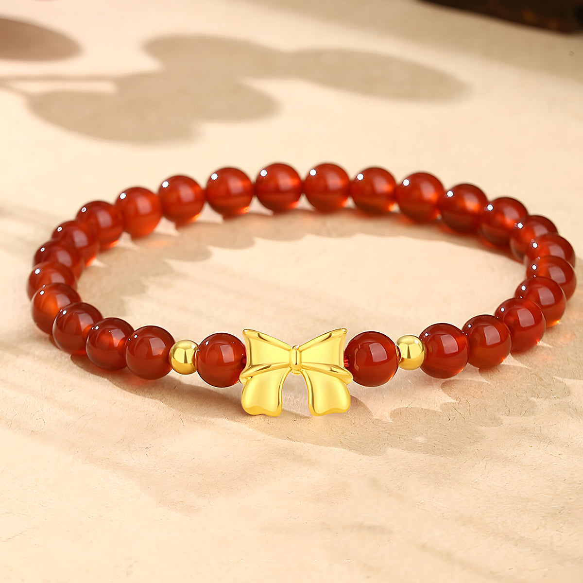 18K Gold Bowknot Red Agate Jade Beaded Bracelet£¨elastic cord£©