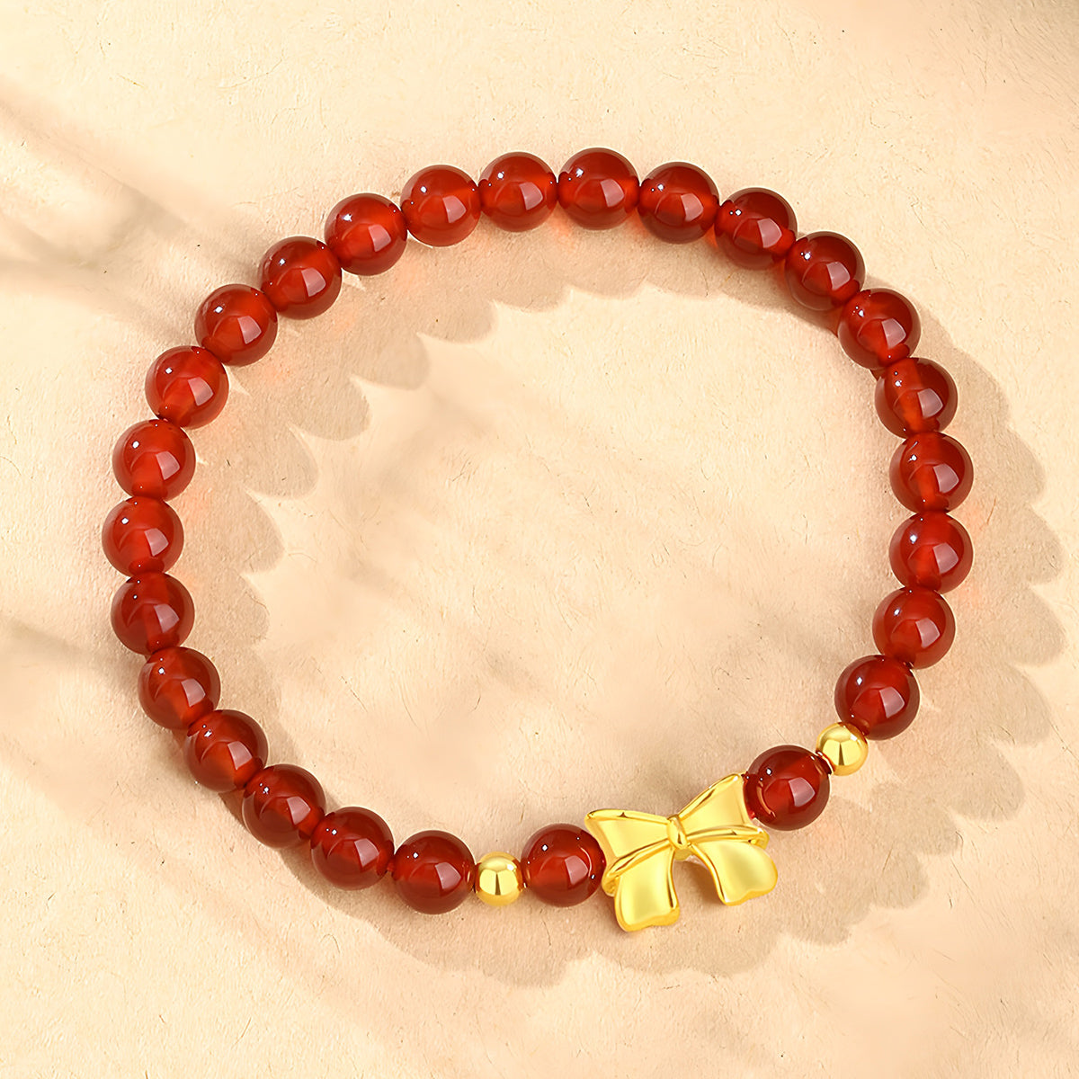 18K Gold Bowknot Red Agate Jade Beaded Bracelet£¨elastic cord£©