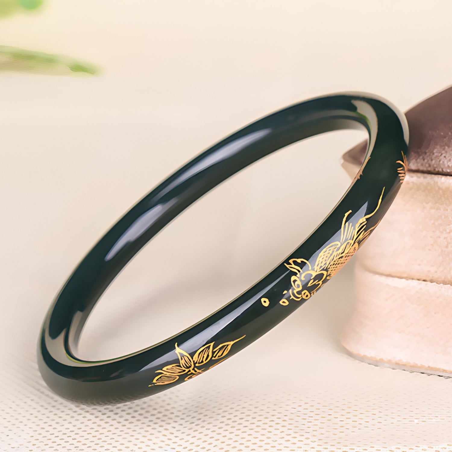 Natural Hetian Jade Dark Green Carved Slender Jade Bracelet