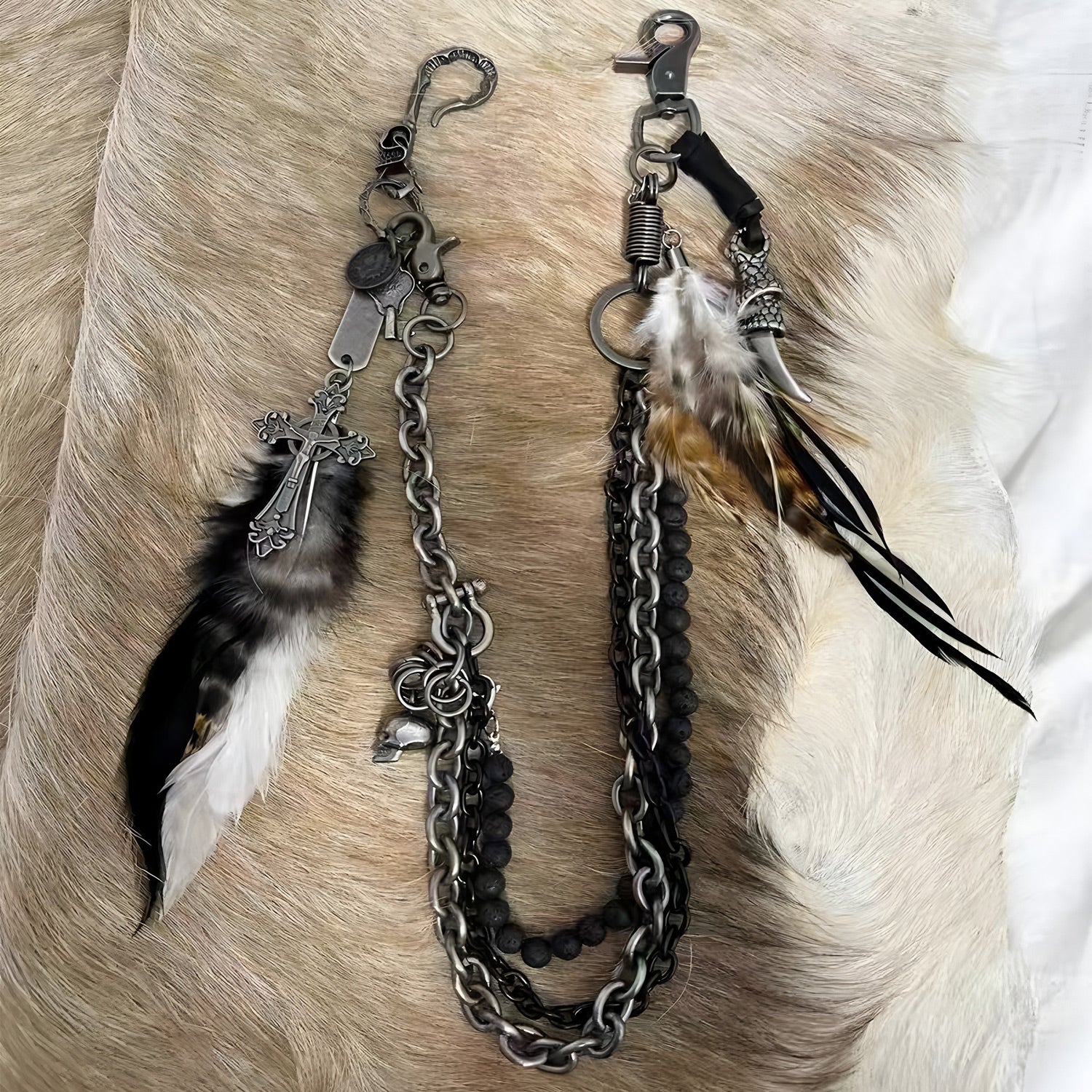 Original handmade visual kei feather skull cross pants chain