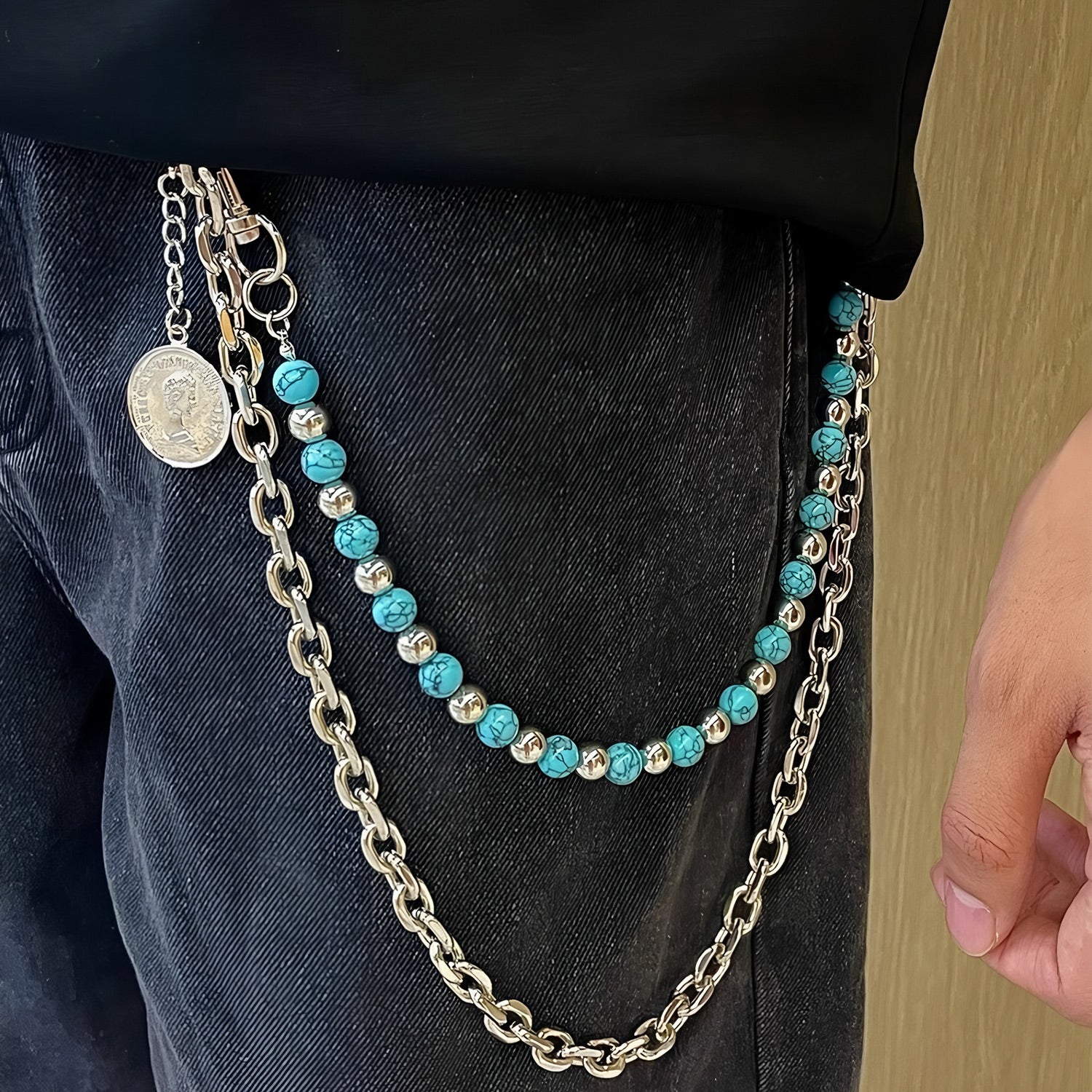 Detachable double chain hand-beaded jeans chain