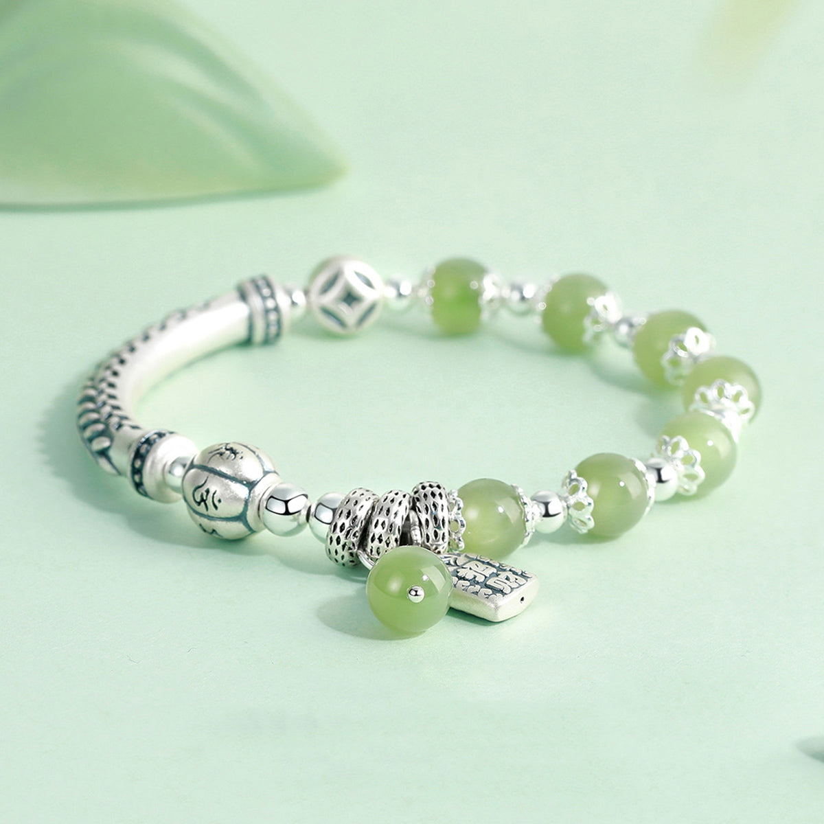 Chinese ethnic style 999 sterling silver jade beaded bracelet£¨Bead Width 8mm£©