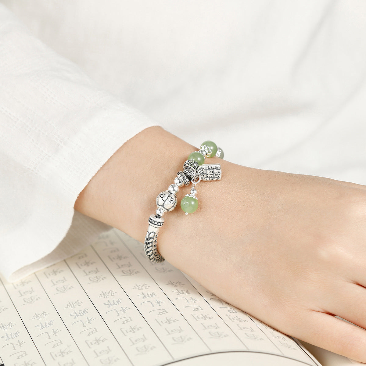 Chinese ethnic style 999 sterling silver jade beaded bracelet£¨Bead Width 8mm£©