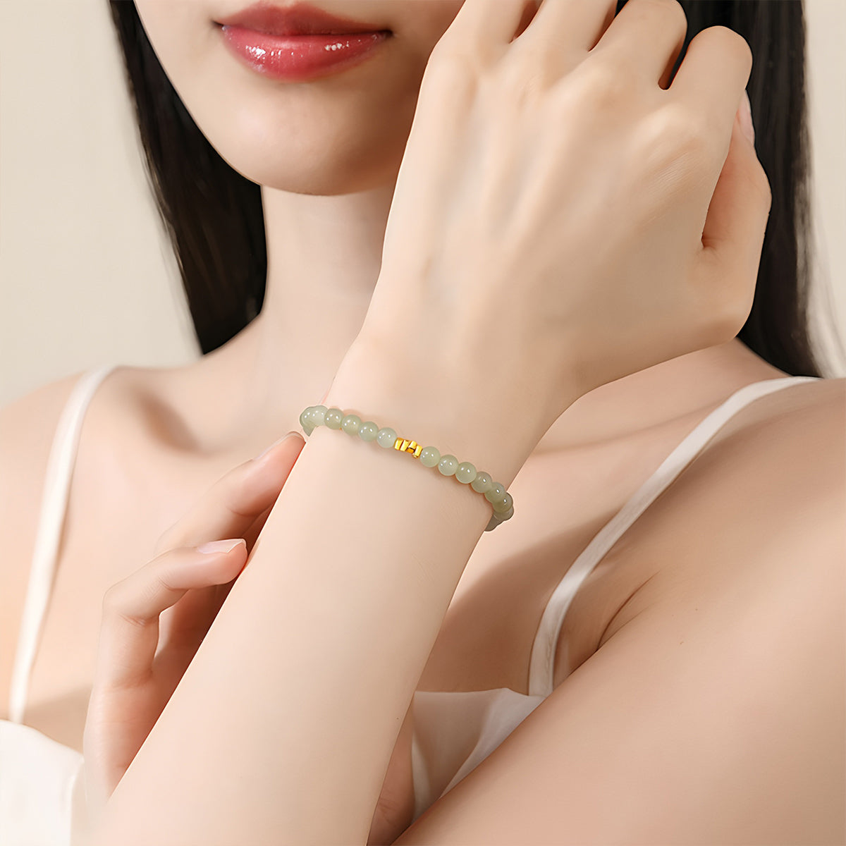 Natural Hetian Jade Broken Gold Classic Jade Bead Bracelet£¨Bead width 5mm£©