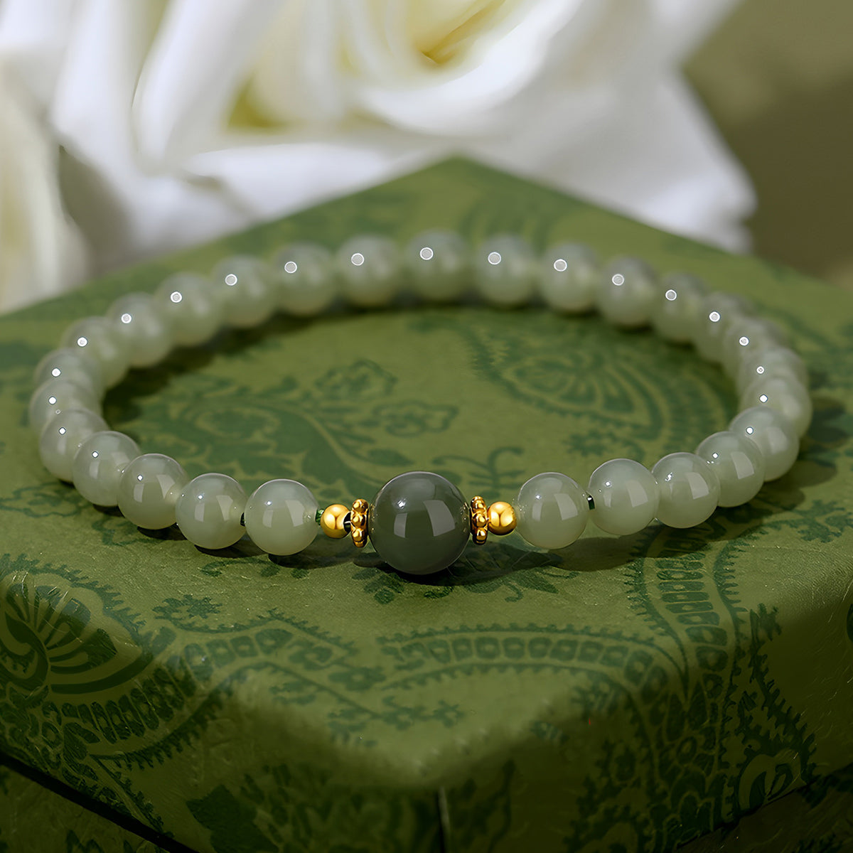 S925 Silver Natural Hetian Jade Classic Jade Beaded Bracelet£¨Bead width 6mm£©