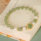 Natural Hetian Jade Pearl Four-Leaf Clover Green Jade Bracelet£¨Bead width 5.8mm£©