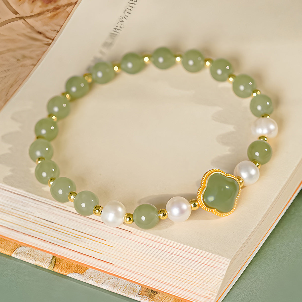 Natural Hetian Jade Pearl Four-Leaf Clover Green Jade Bracelet£¨Bead width 5.8mm£©
