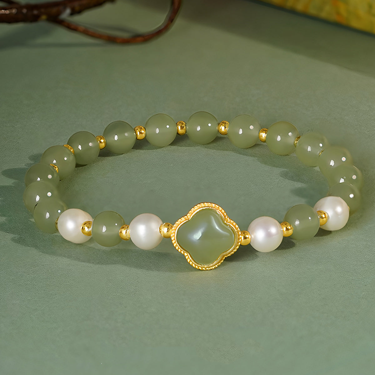Natural Hetian Jade Pearl Four-Leaf Clover Green Jade Bracelet£¨Bead width 5.8mm£©