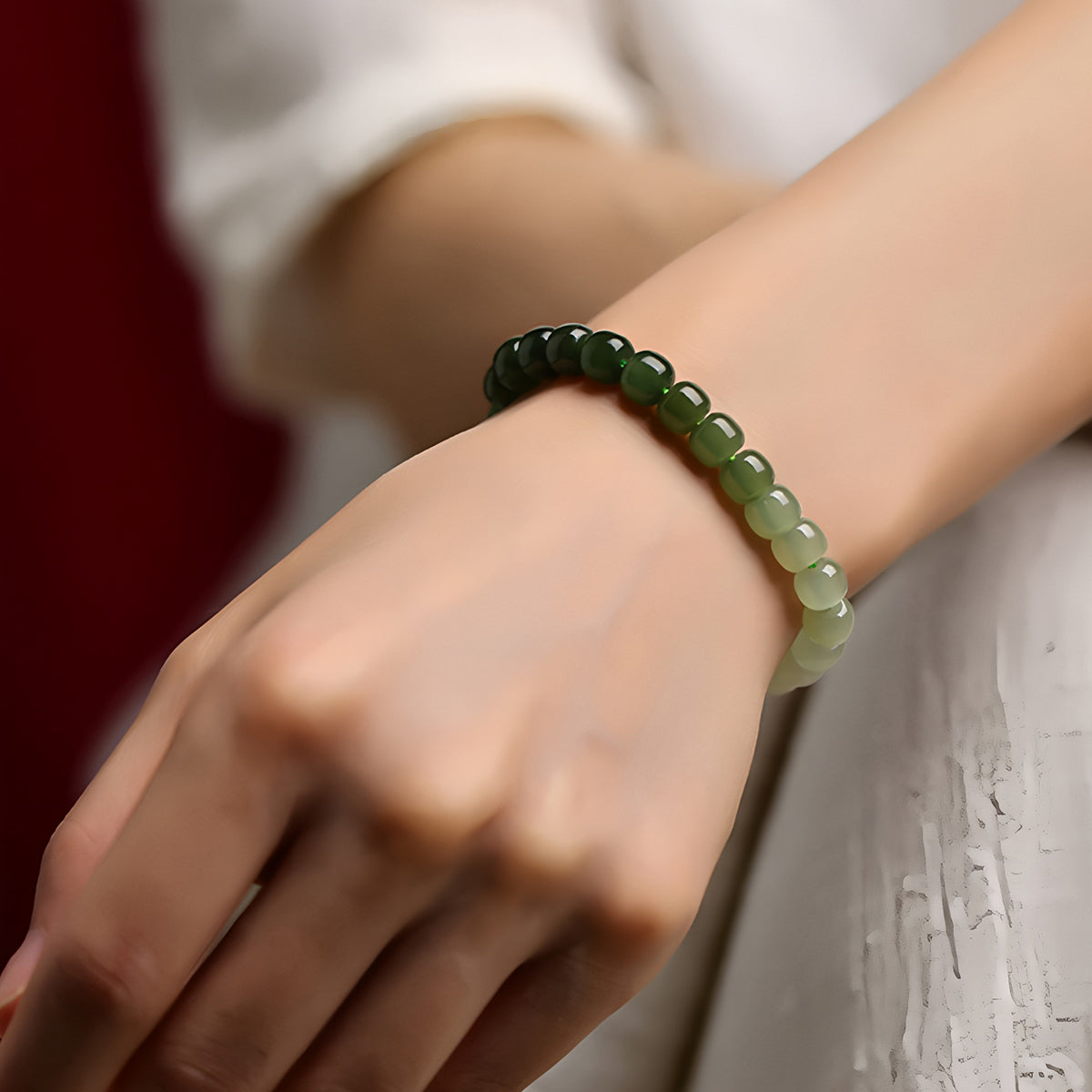 Natural Hetian Jade Gradient Green Jade Beaded Bracelet