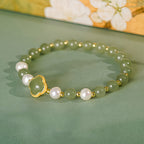 Natural Hetian Jade Pearl Four-Leaf Clover Green Jade Bracelet£¨Bead width 5.8mm£©