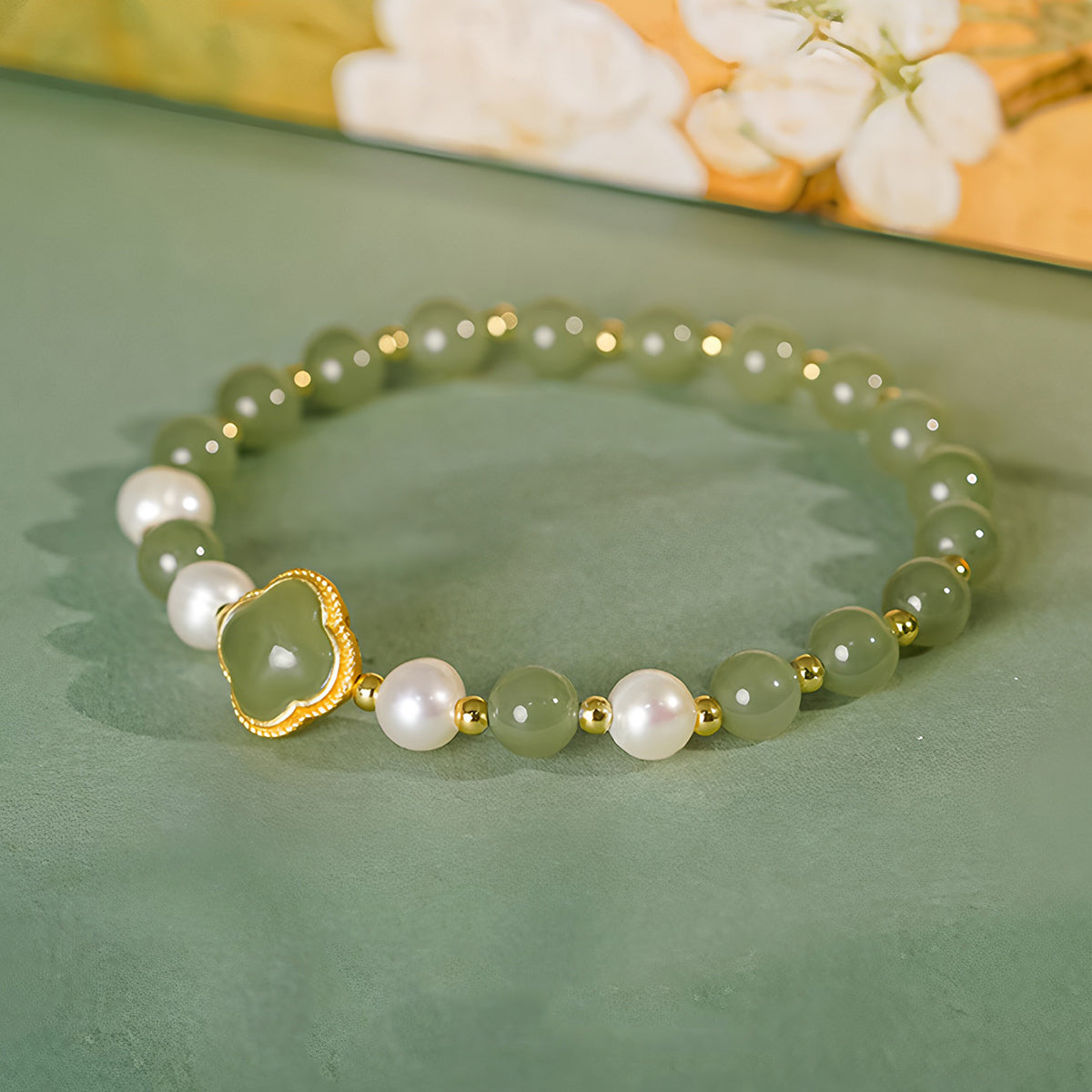 Natural Hetian Jade Pearl Four-Leaf Clover Green Jade Bracelet£¨Bead width 5.8mm£©