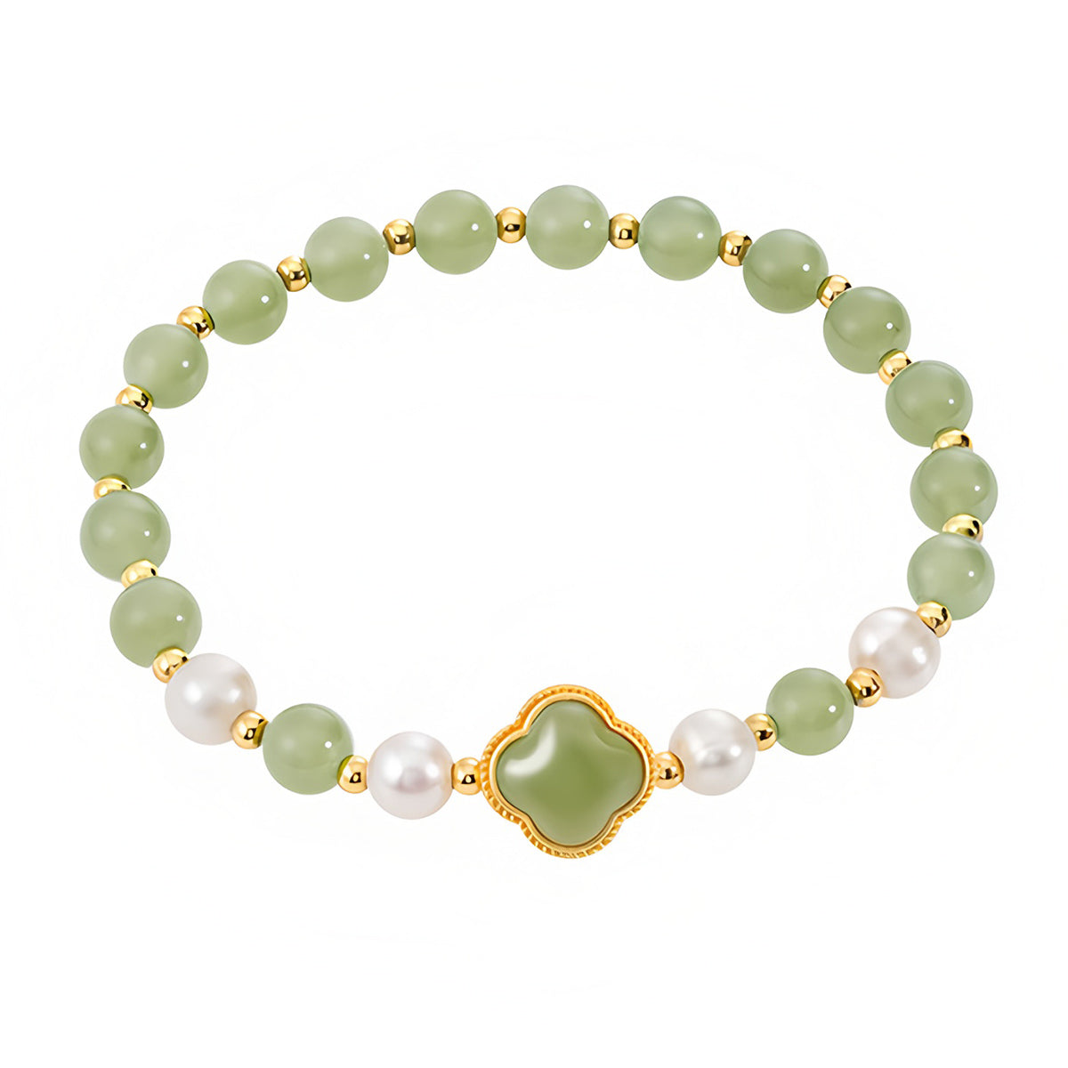 Natural Hetian Jade Pearl Four-Leaf Clover Green Jade Bracelet£¨Bead width 5.8mm£©