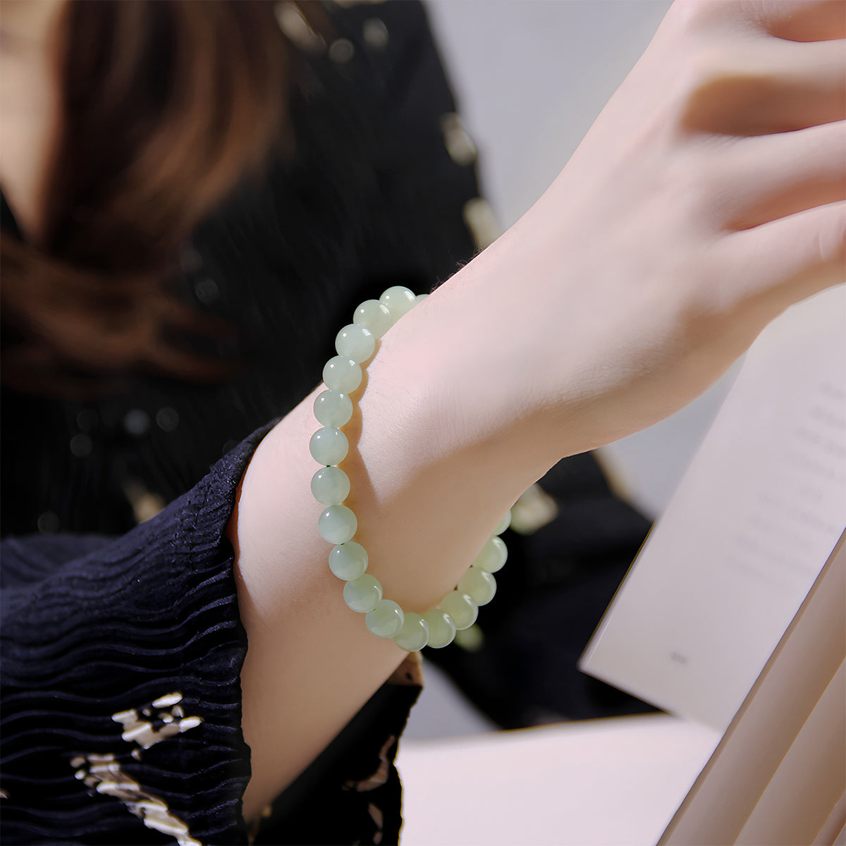 Natural Hetian Jade High Transparency Green Jade Bead Bracelet