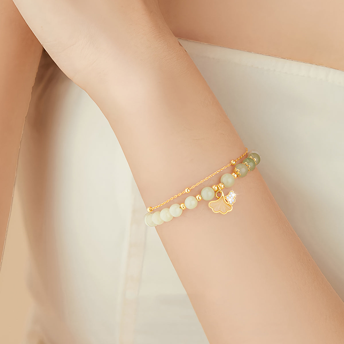 S925 Silver Natural Hetian Jade Apricot Leaf Double Bracelet