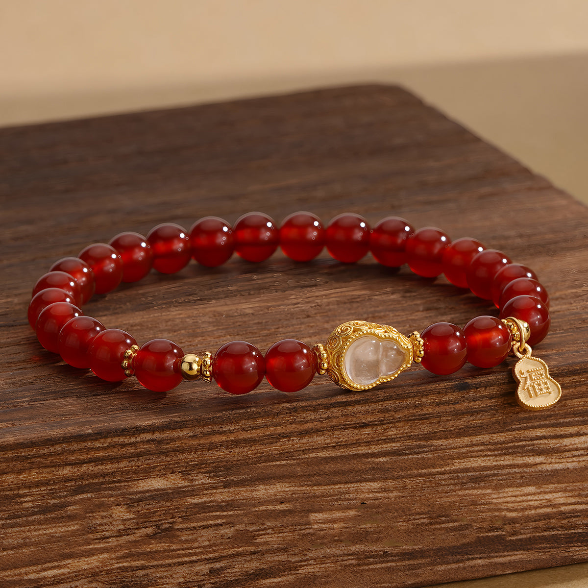 Natural Red Agate White Gourd Jade Beaded Bracelet£¨Bead width 6.5mm£©