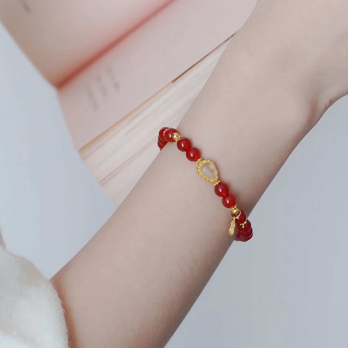 Natural Red Agate White Gourd Jade Beaded Bracelet£¨Bead width 6.5mm£©