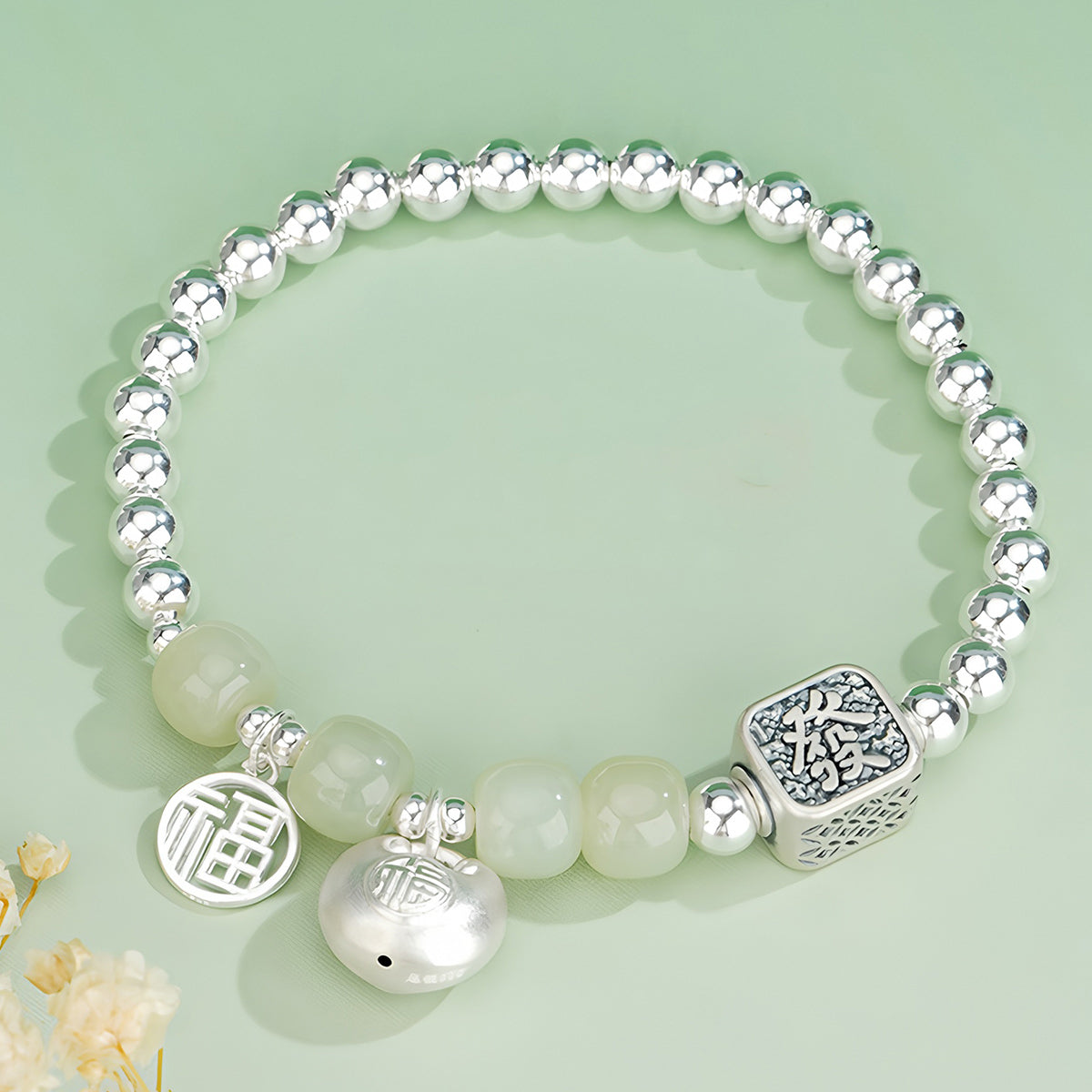 S925 Silver Lucky Bag Design Jade Beaded Bracelet