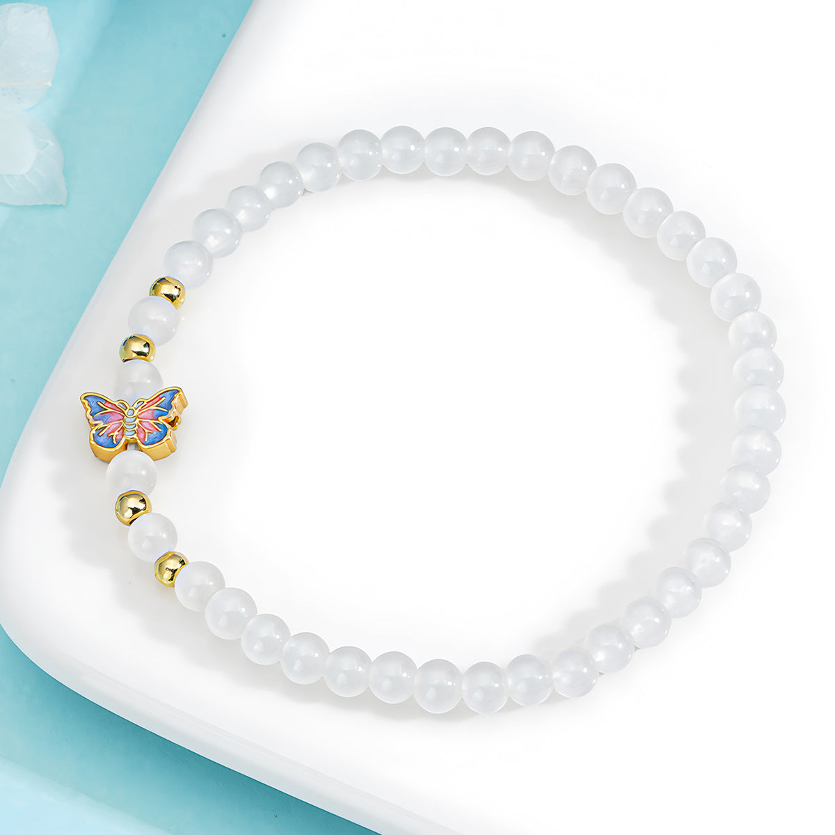 Elegant Butterfly White Jade Beaded Bracelet£¨Bead width 4.3mm£©