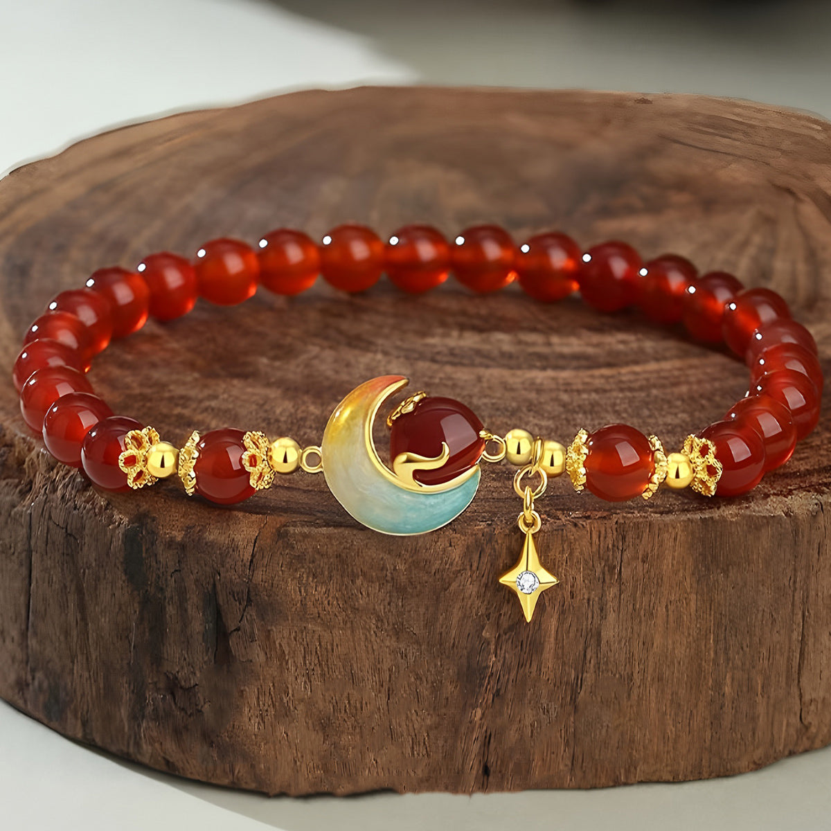 S925 Silver Red Agate Star Moon Jade Beaded Bracelet£¨elastic cord£©