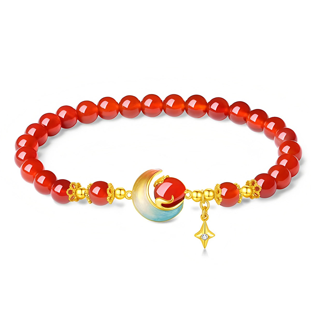 S925 Silver Red Agate Star Moon Jade Beaded Bracelet£¨elastic cord£©