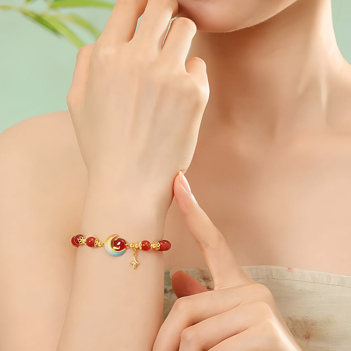 S925 Silver Red Agate Star Moon Jade Beaded Bracelet£¨elastic cord£©