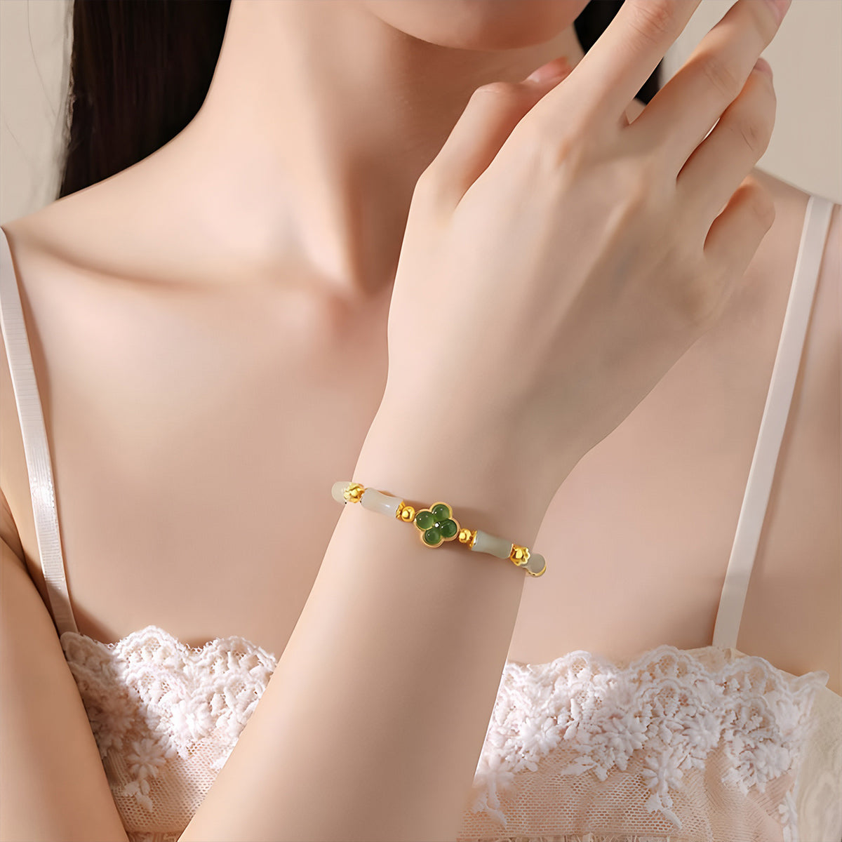 S925 Silver Four-Leaf Clover Hetian Jade Bracelet£¨16cm+3.5cm£©