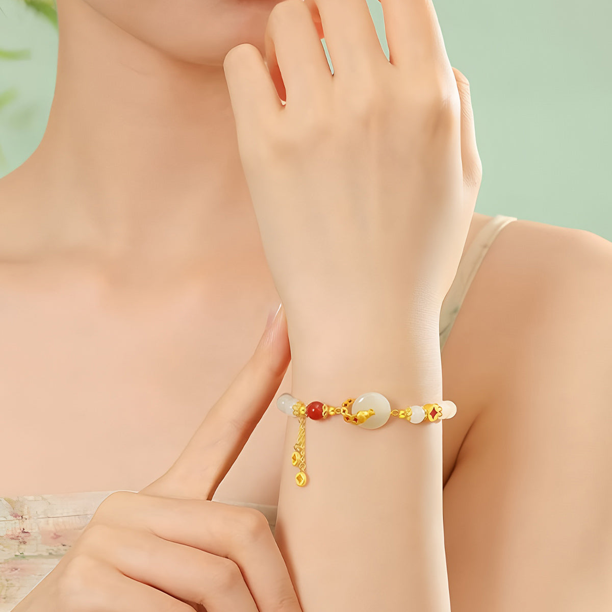 S925 Silver Hetian Jade Peace Buckle Jade Bracelet£¨elastic cord£©