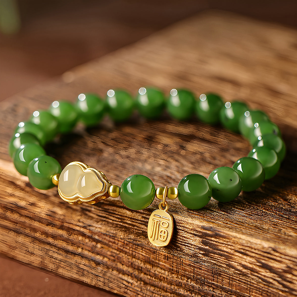 Natural Green Jasper Gourd Design Good Luck Jade Bracelet
