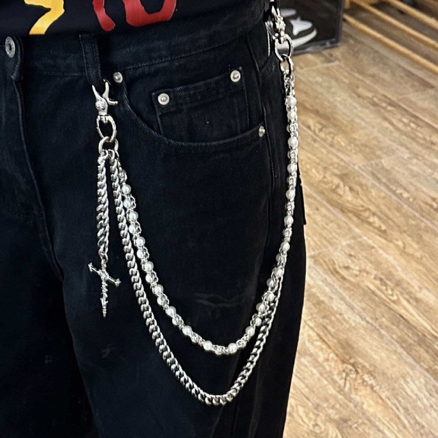 Three-chain personality street style pearl pants chain