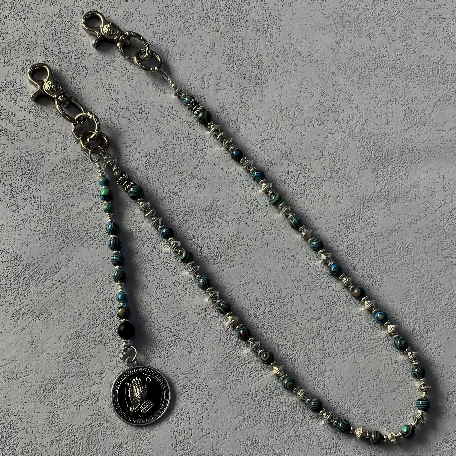 Turquoise, black and silver hand-stitched trouser chain