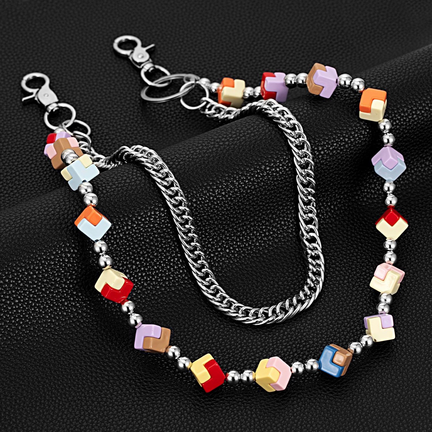 Trendy double-chain colorful Rubik's cube dice pants chain
