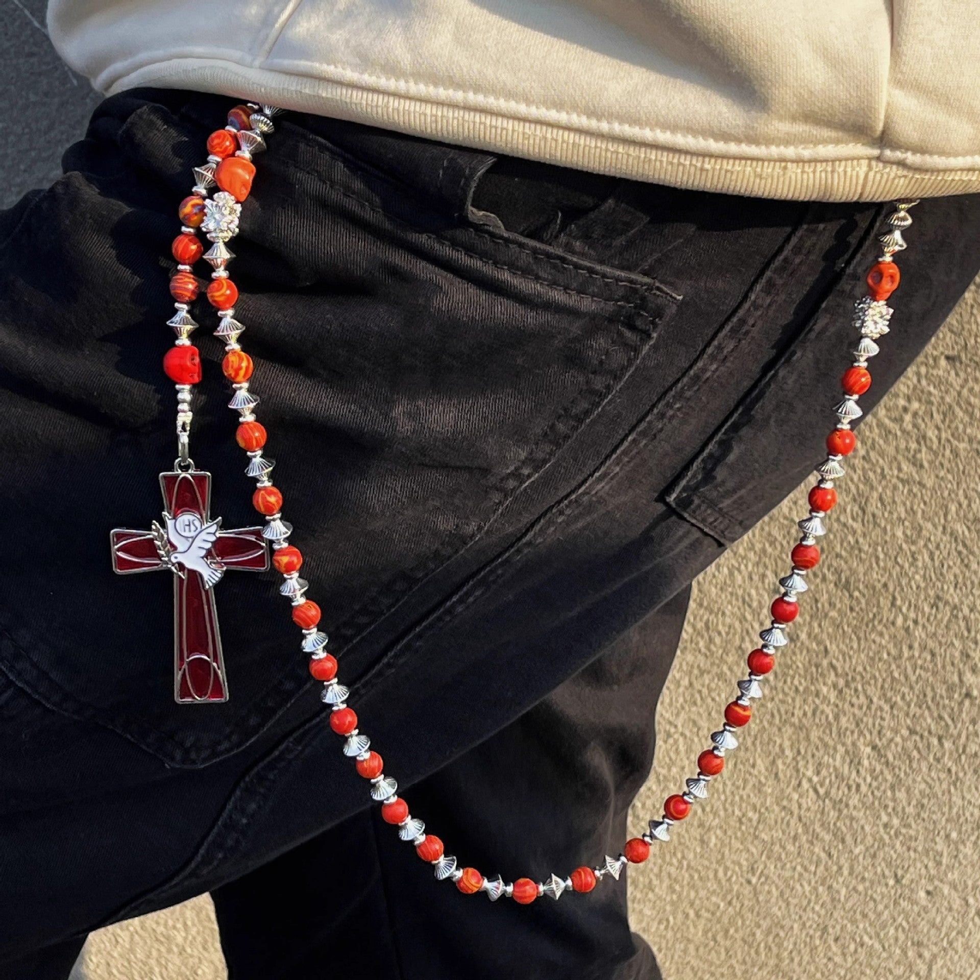 Red Snake and Peace Dove Cross Pants Chain