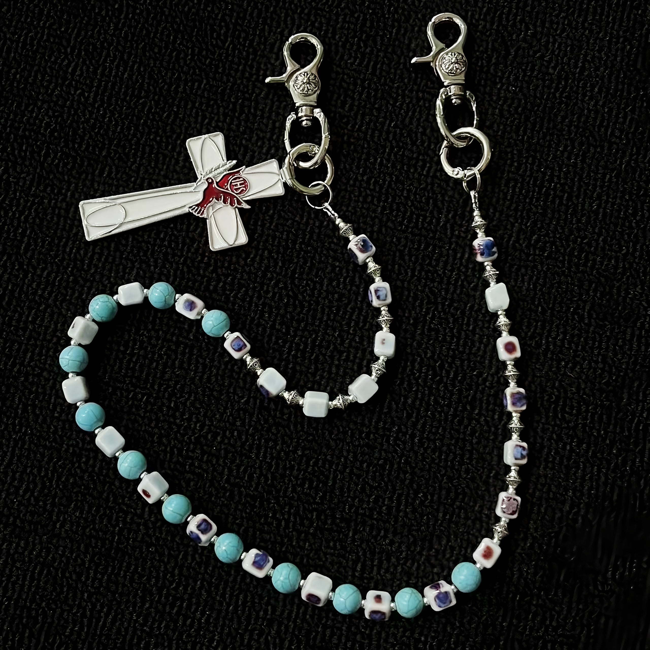 Blue ceramic blue eye cross bead pants chain