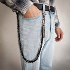 Feather leather patchwork trouser chain