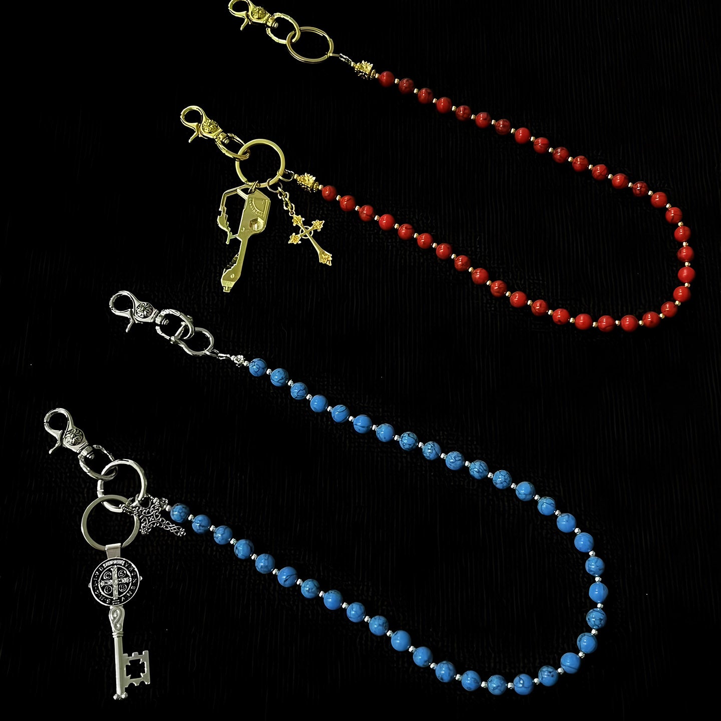 Blue and red turquoise hand-beaded pants chain