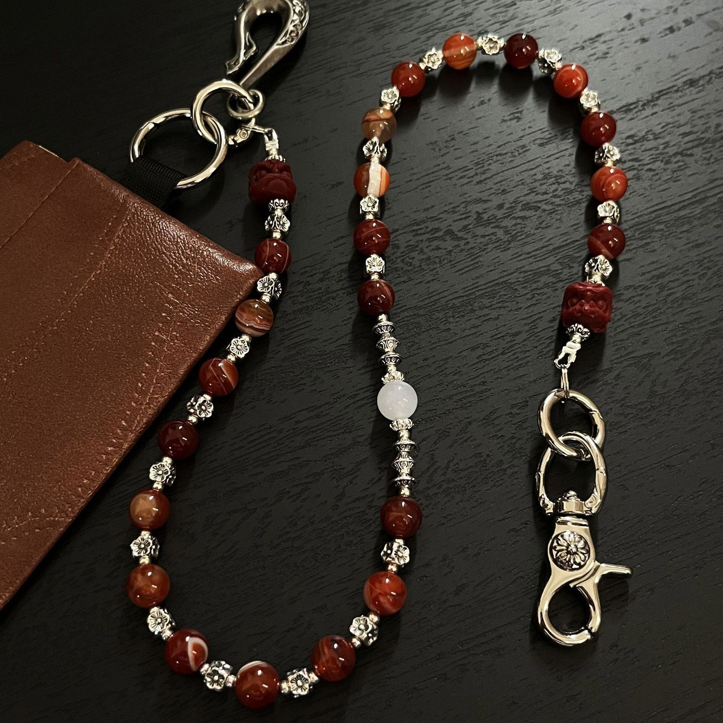 Red lion head artificial stone handmade beaded trouser chain