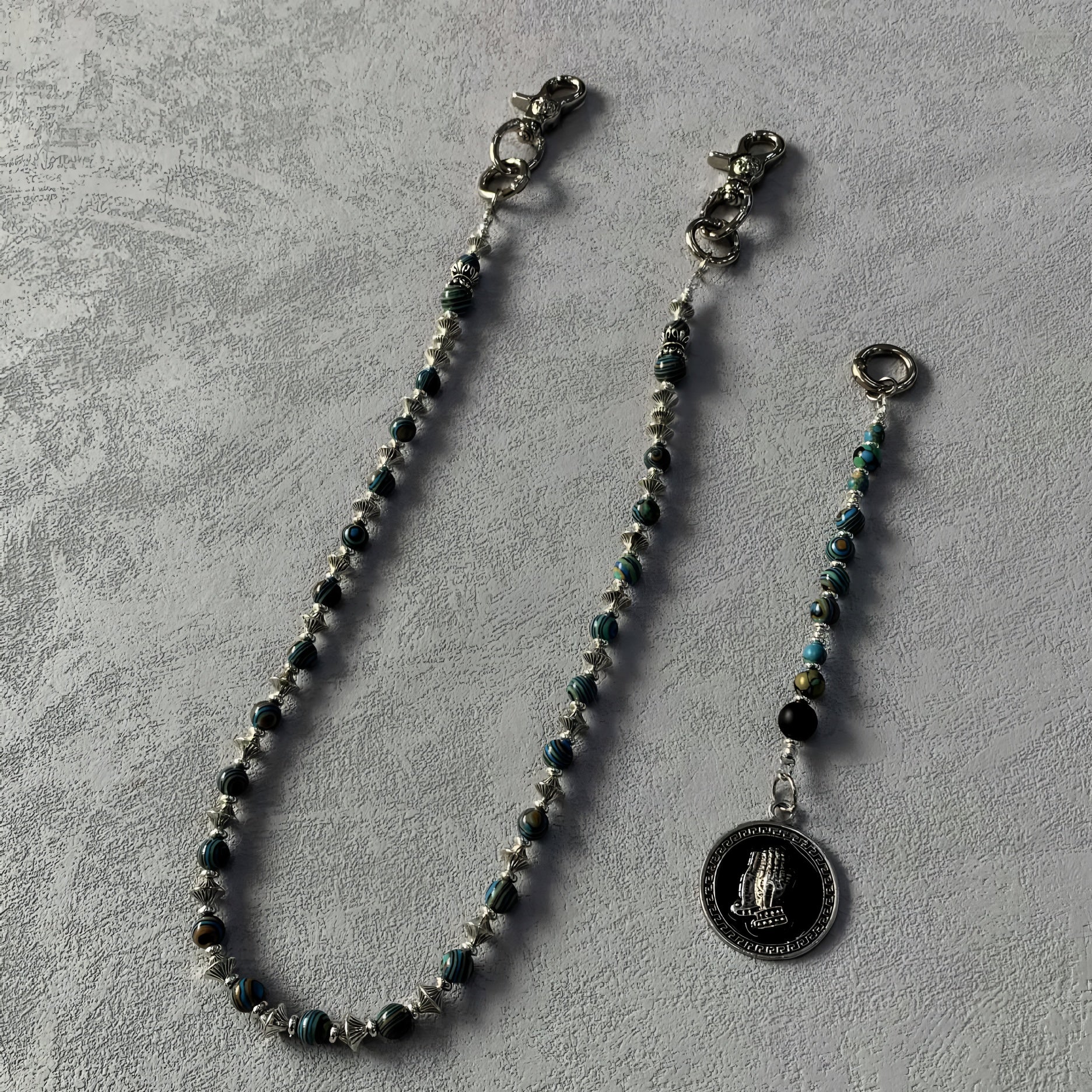 Turquoise, black and silver hand-stitched trouser chain