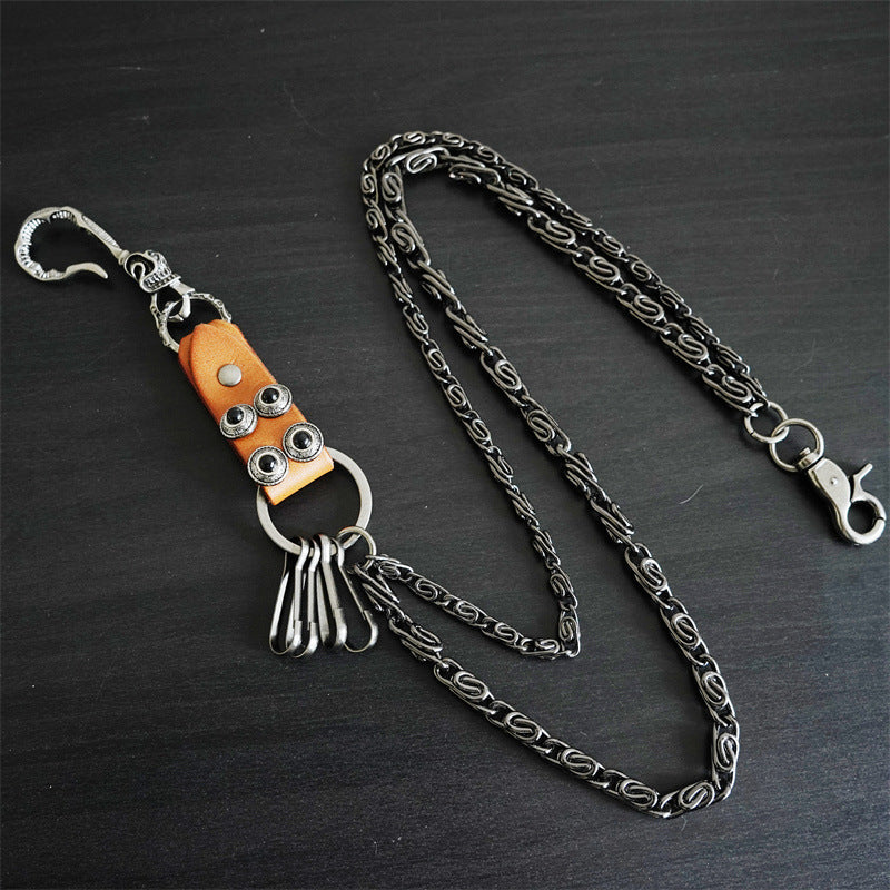 American retro genuine leather patchwork trouser chain
