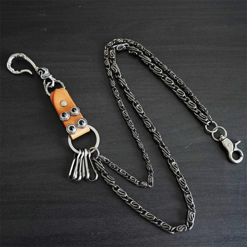 American retro genuine leather patchwork trouser chain