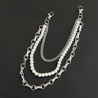Three-strand pearl-decorated denim waist necklace