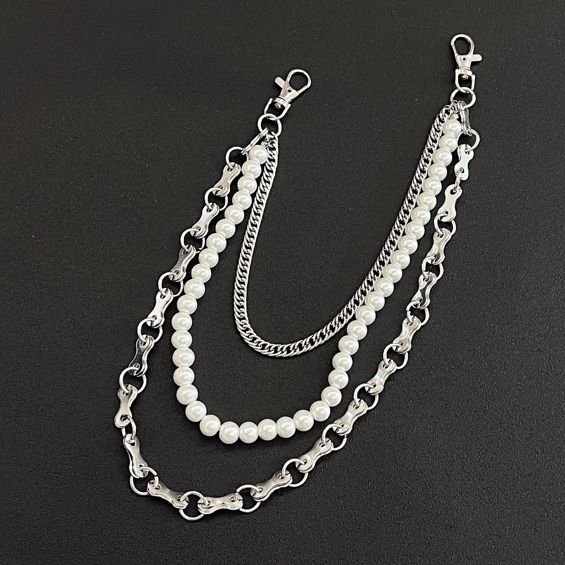 Three-strand pearl-decorated denim waist necklace