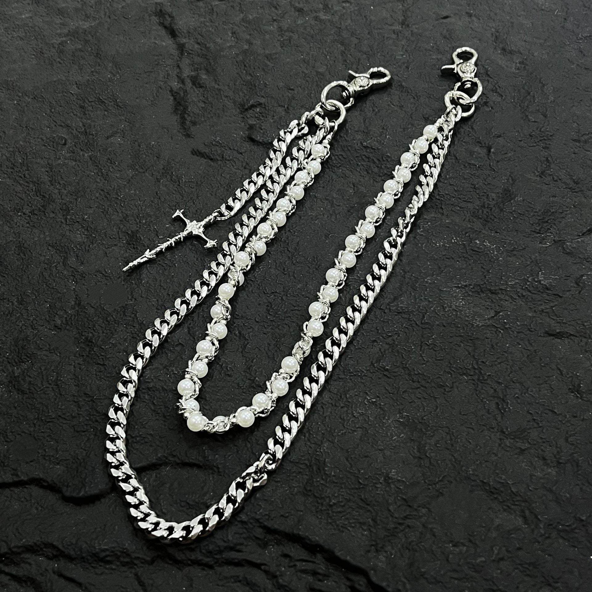 Three-chain personality street style pearl pants chain