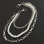 Three-strand pearl-decorated denim waist necklace