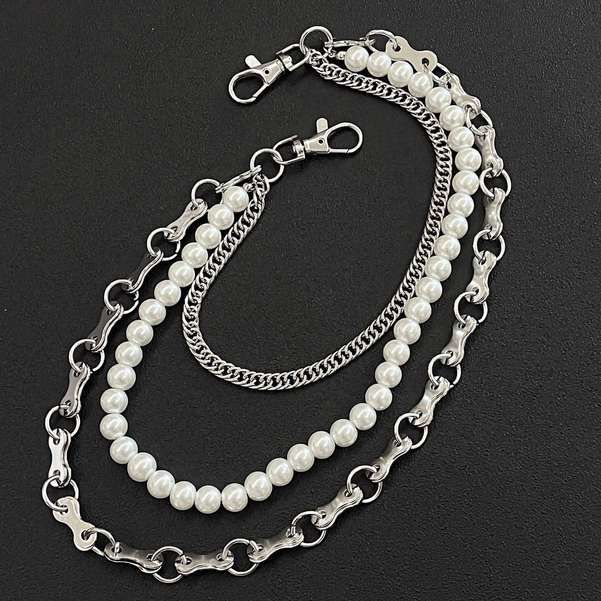 Three-strand pearl-decorated denim waist necklace