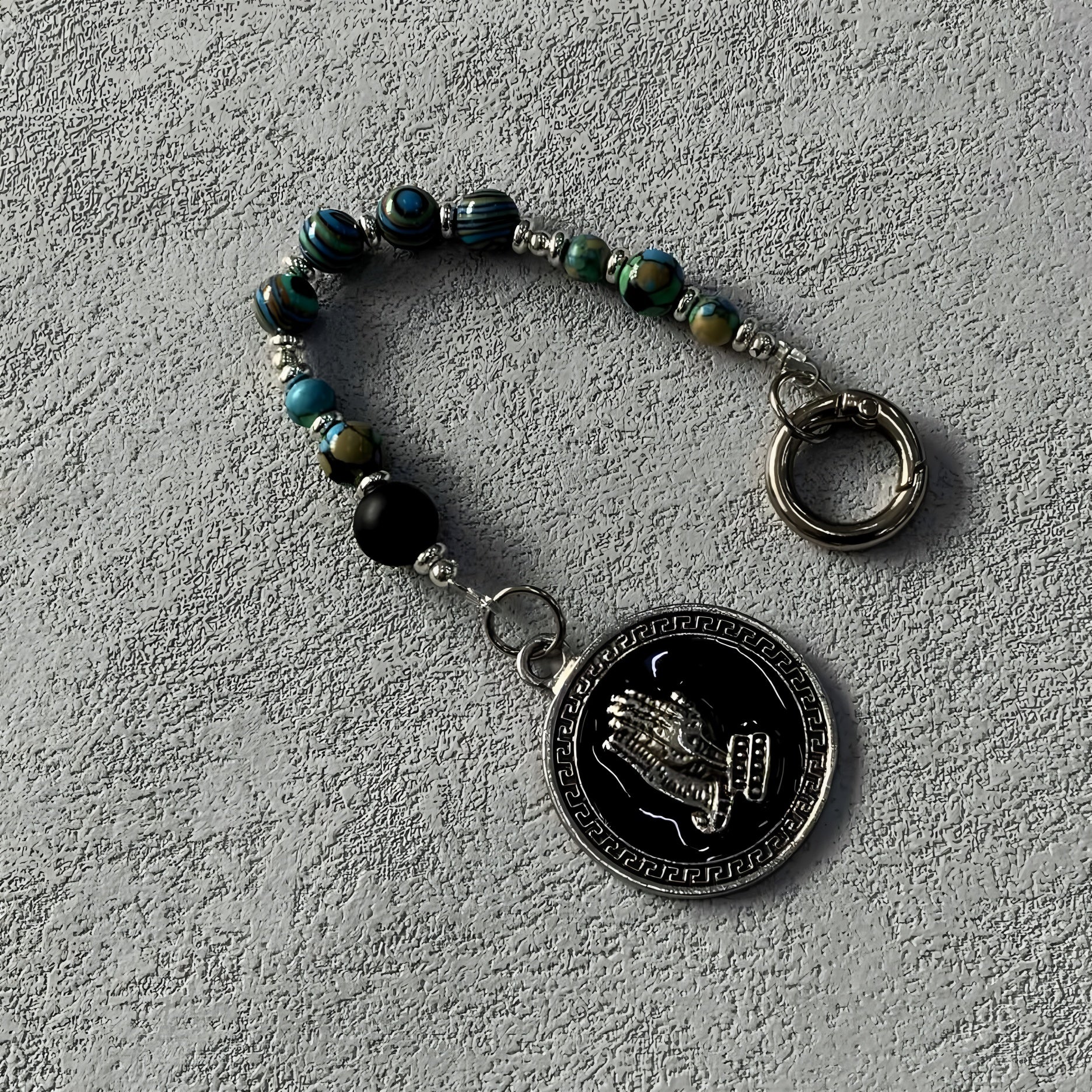 Turquoise, black and silver hand-stitched trouser chain