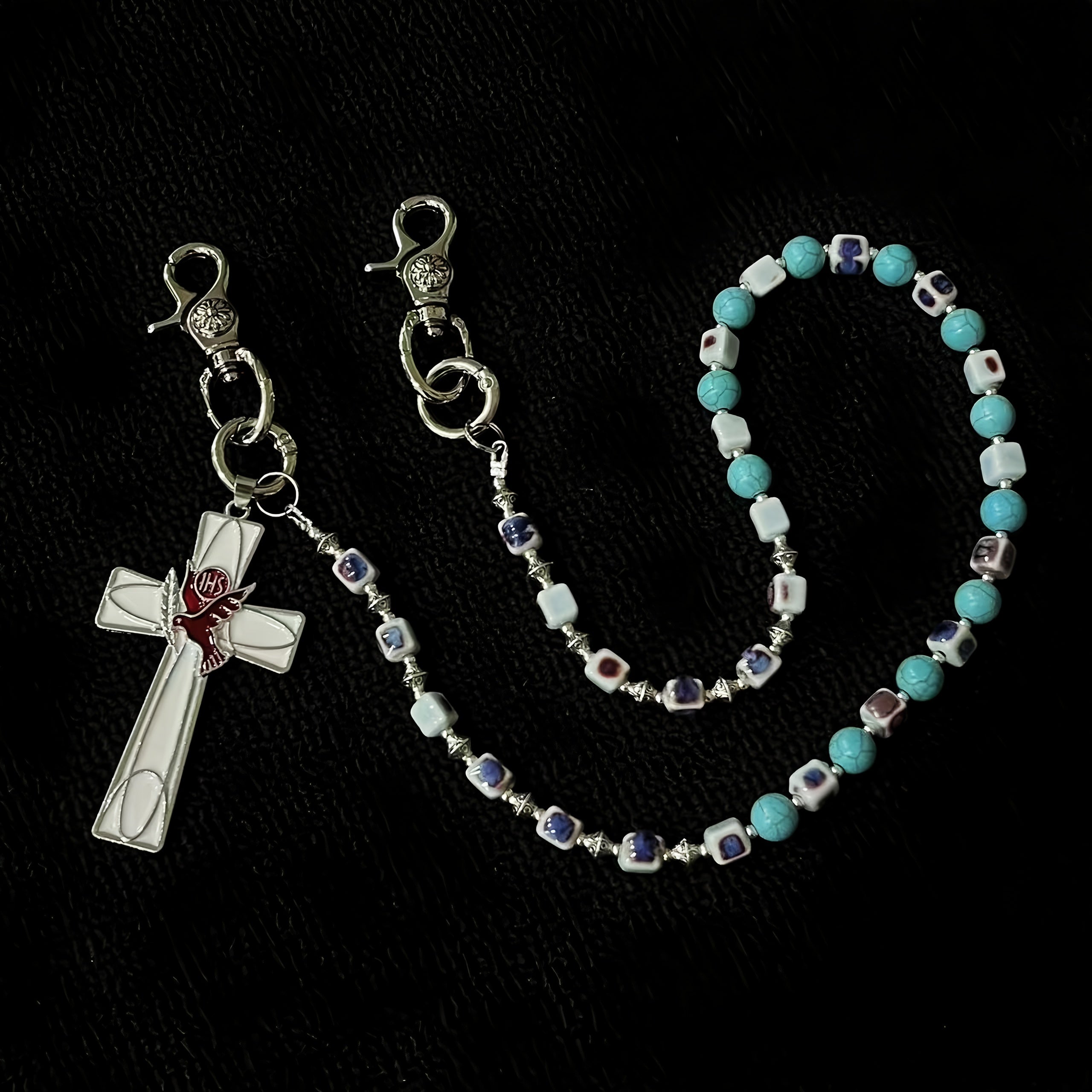 Blue ceramic blue eye cross bead pants chain