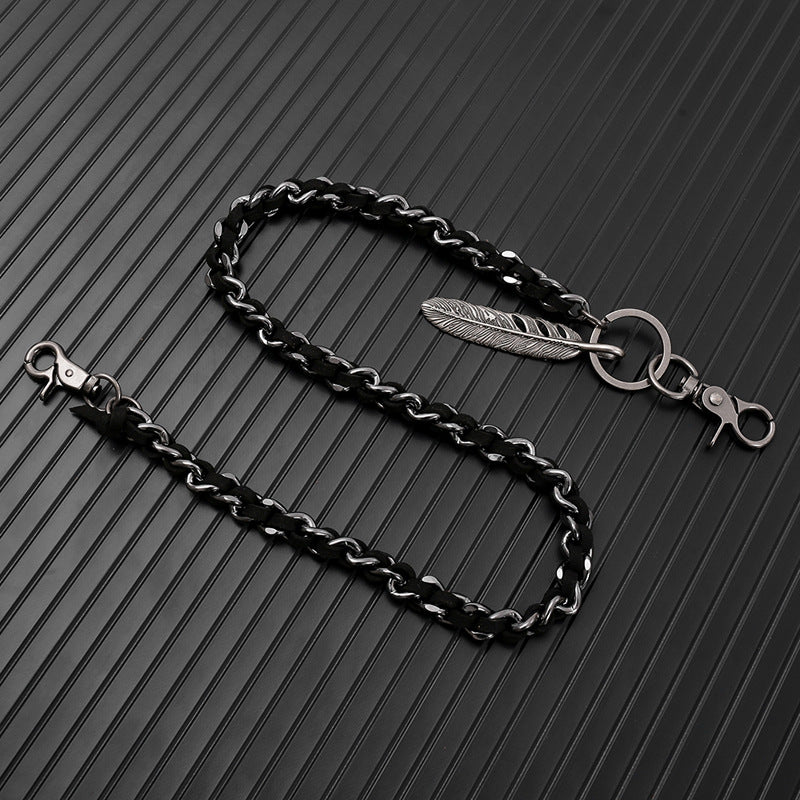 Feather leather patchwork trouser chain
