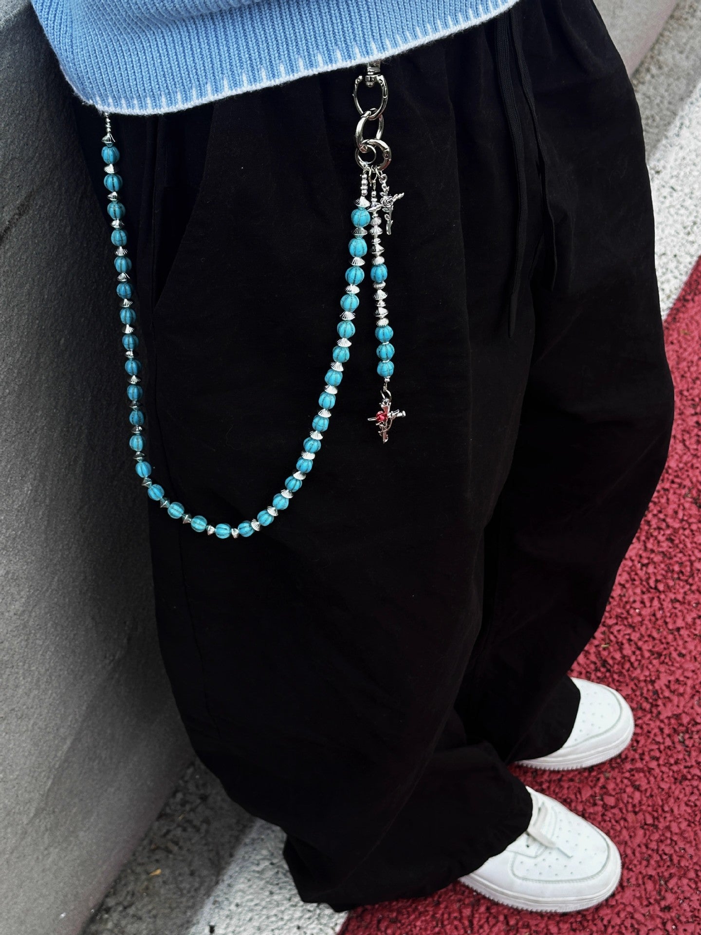 Volcanic stone waist pendant pants chain