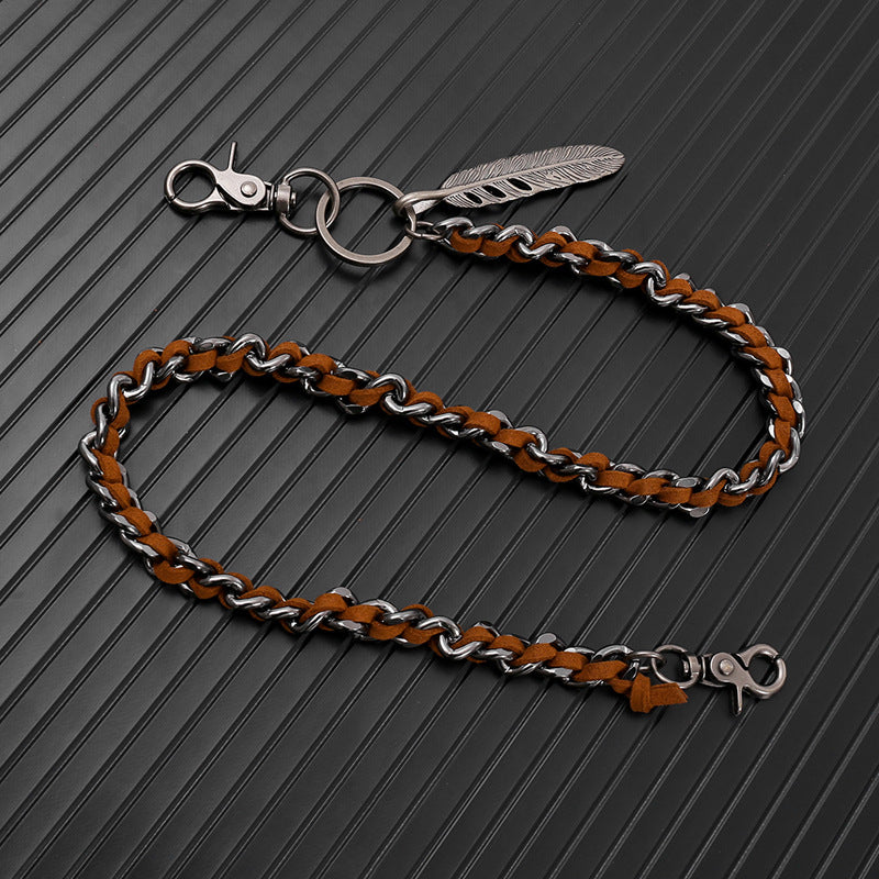 Feather leather patchwork trouser chain