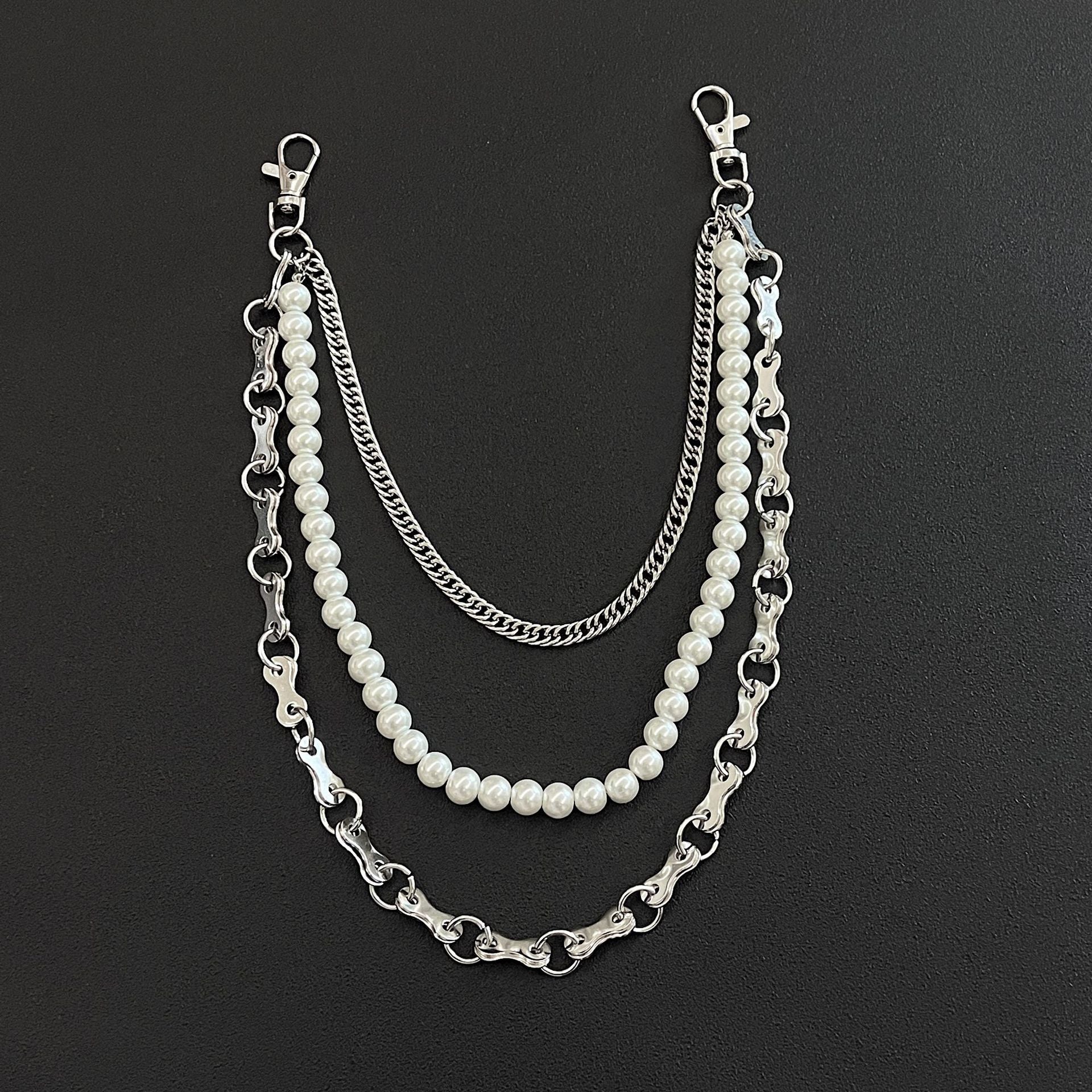 Three-strand pearl-decorated denim waist necklace